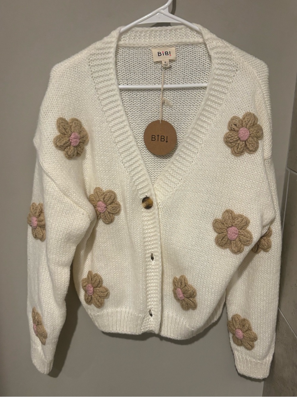 BiBi Cream Button-Front Floral Appliqué Cardigan